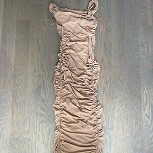 Womens Reformation Ruched Bodycon Kint Dress in Tan – Size Small